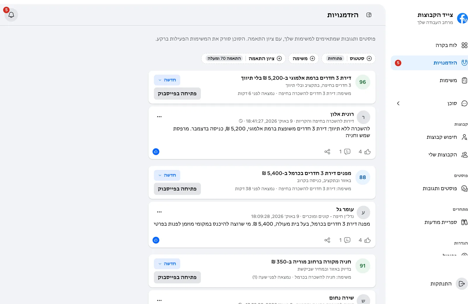 GroupsHunter opportunities screen: apartment-for-rent posts with a fit score